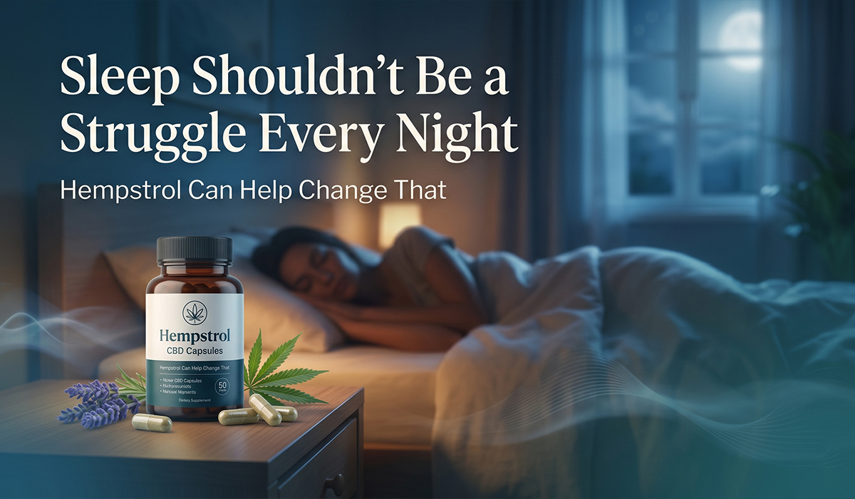 Hempstrol CBD capsules beside a sleeping woman promoting natural sleep support and relaxation.